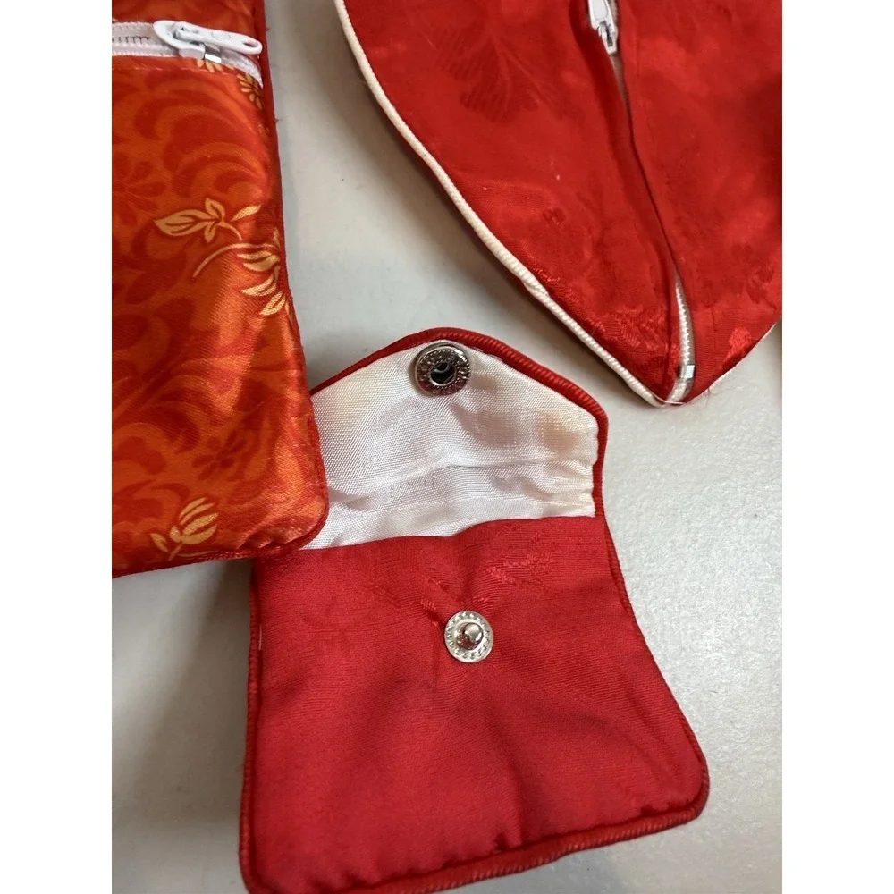 Vtg Chinese Silk Brocade Jewelry Pouch Lot Travel Roll Bag Envelope Heart Cases